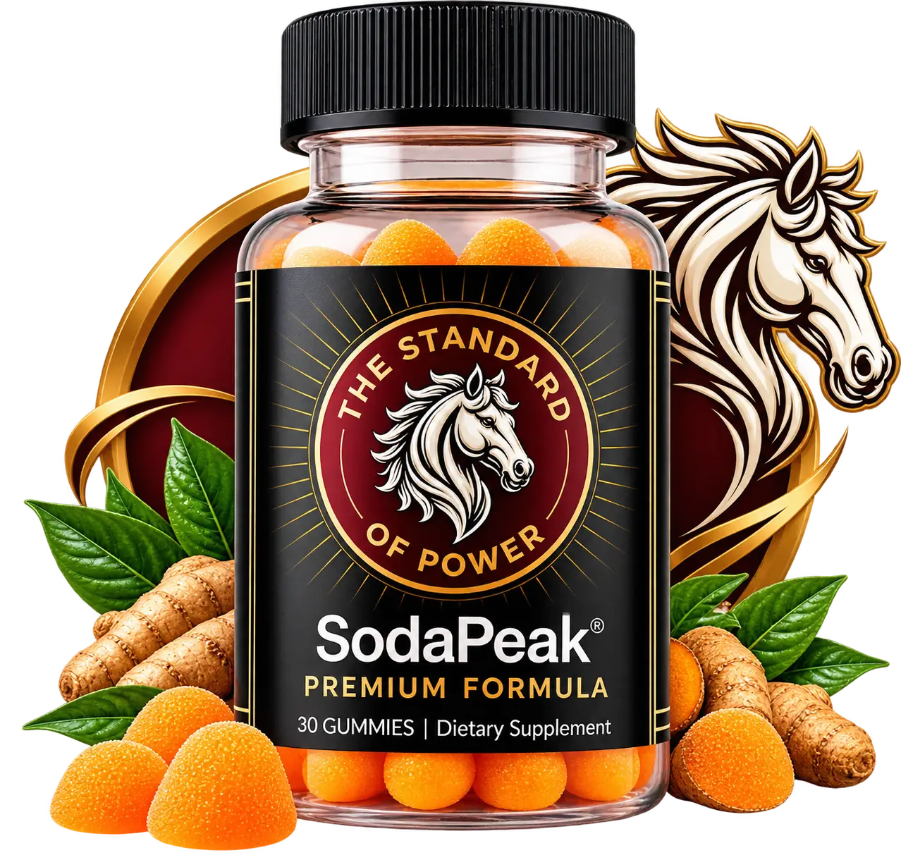 SodaPeak gummy bottle with the equestrian emblem